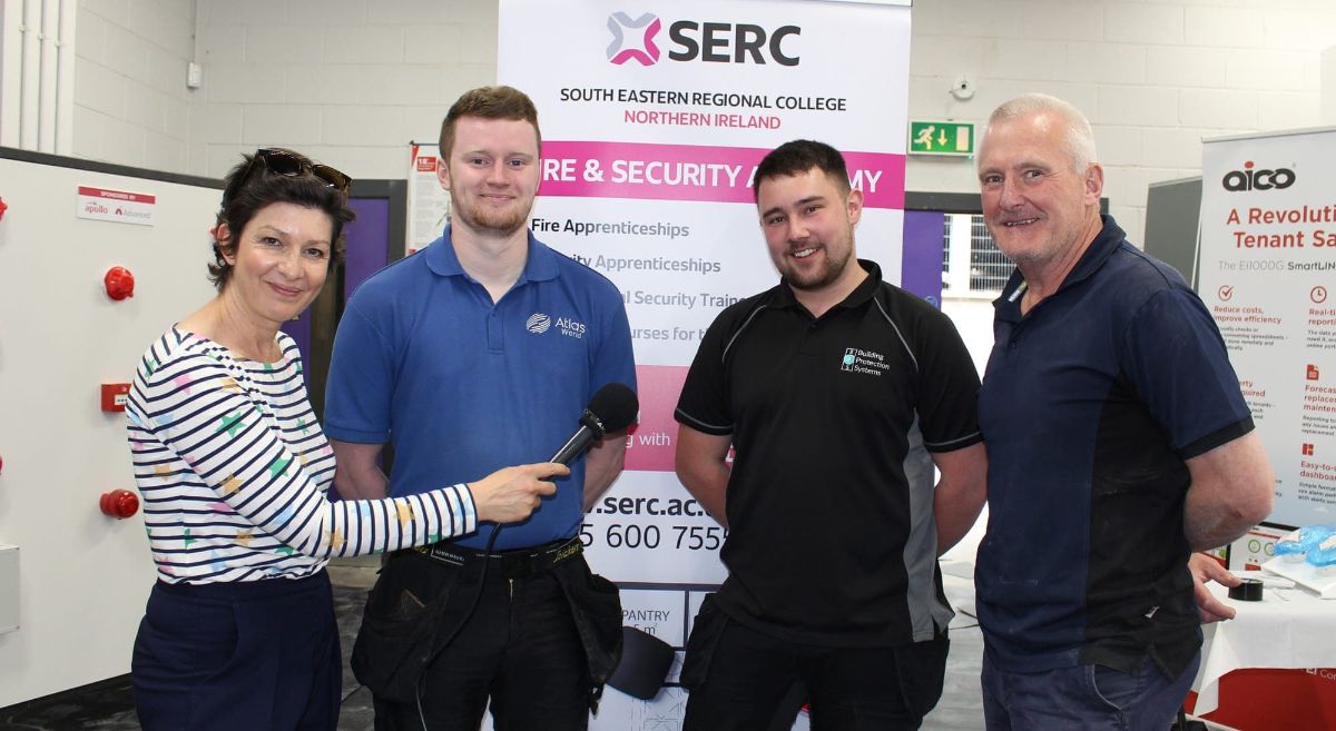 BBC Radio Ulster's Julie McCullough with Apprentices Ronan McConnell and Matthew Blair with Lecturer Robin Hamill